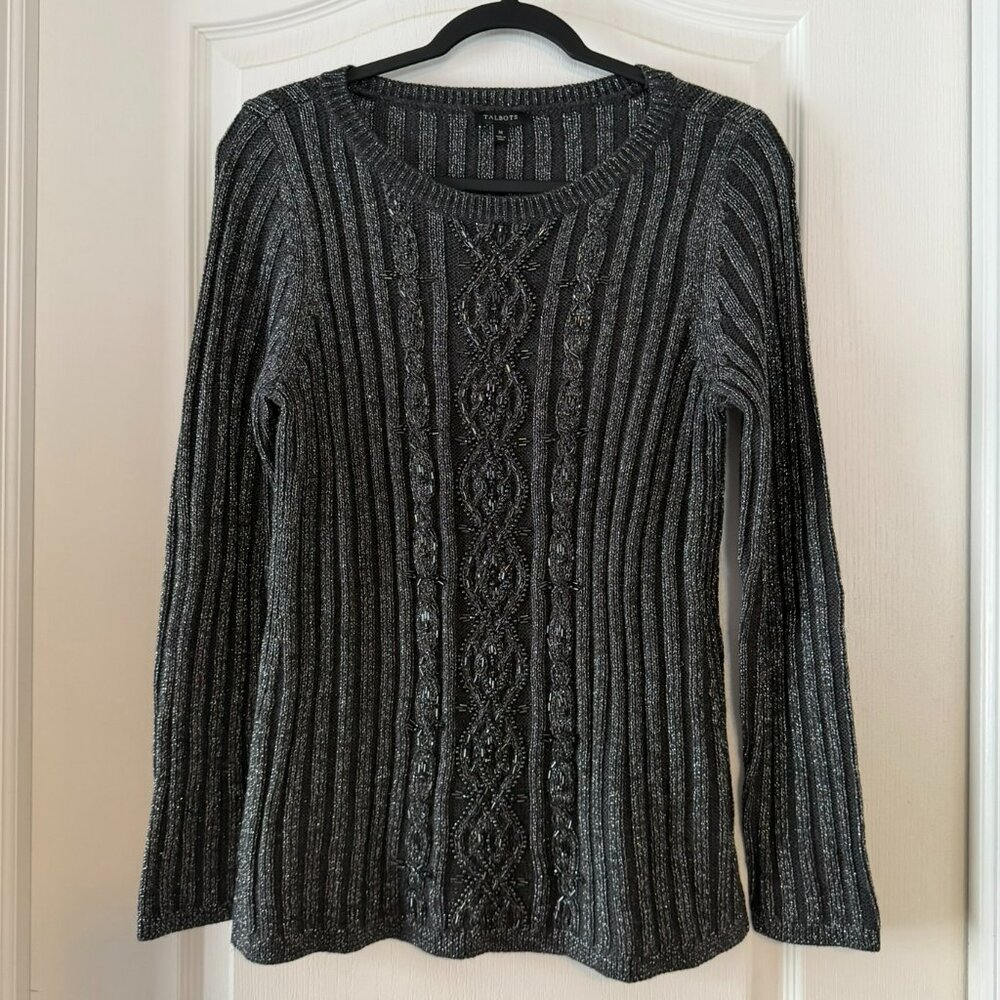Talbots Ribbed Charcoal Metallic Knit Sweater Bead Misses Size M EUC